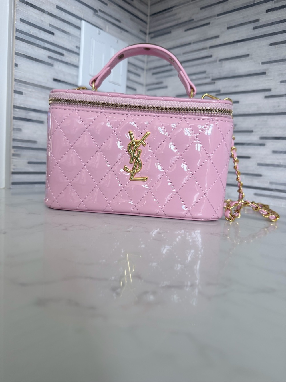 Fashion Pink Quilted Patent Leather Vanity Crossbody bag with adjustable strap